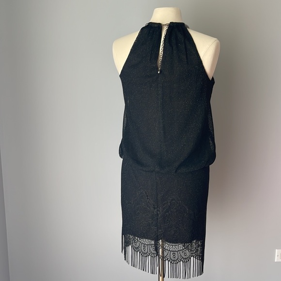SLNY Black Blouson Halter Crochet Fringe Hem Short Dress
Size 8 - Picture 5 of 11